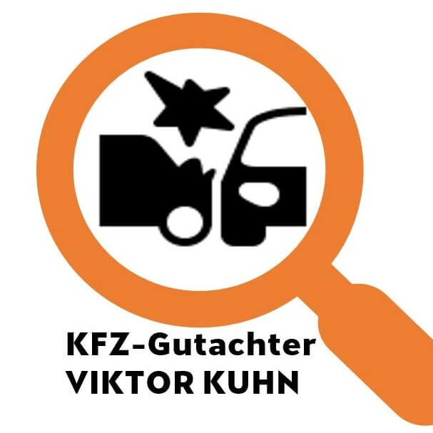 Eine orangefarbene Lupe liegt über einem Autoschaden-Symbol, dazu steht der Text KFZ-Gutachter VIKTOR KUHN